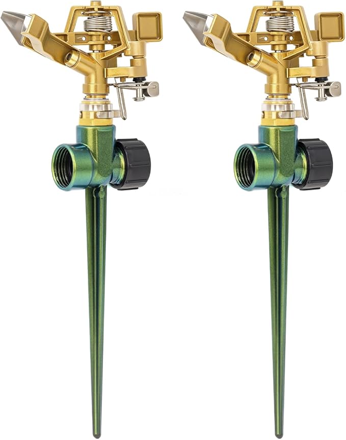 RESTMO 2 Pack Heavy Duty All-Metal Impact Sprinkler, Zinc Alloy Lawn Sprinkler Head on Sturdy Spike Base, 360° Adjustable Coverage Nozzle for Large Area Irrigation
