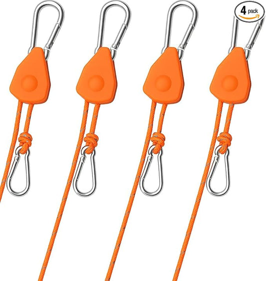 4Pack Retractable Ratchet Tie Down Straps, 13 Ft 1/8” Adjustable Rope Hanger, Heavy Duty Ratcheting Pulley System with 2 Carabiner Hook, for Xmars Decor, Hanging Plants, Grow Lights