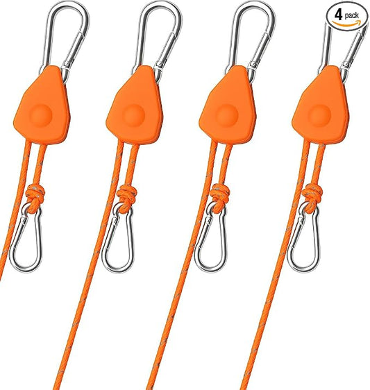 4Pack Retractable Ratchet Tie Down Straps, 16Ft 1/4" Adjustable Rope Hangers, Heavy-Duty Kayak Pulley System with 2 Carabiner Hooks, for Canoe, Roof Rack Loads, Camping Gear