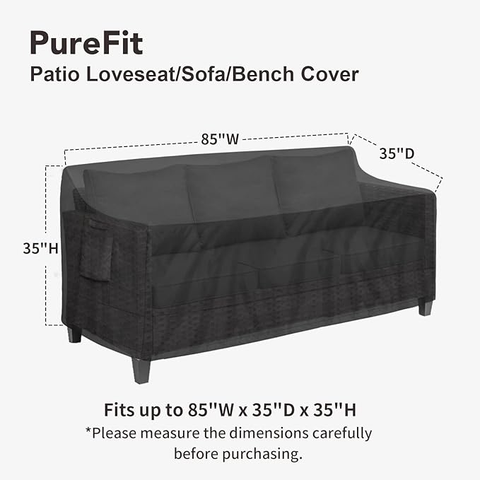 PureFit Outdoor Couch Cover Waterproof Patio Sofa Furniture Covers, 3-Seater Outdoor Cover with Air Vent and Handles, 85W x 35D x 35H Inches, Black