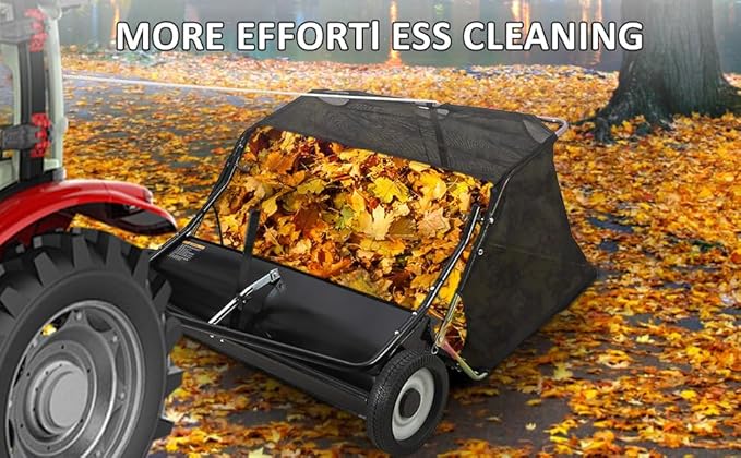 Tow Behind Lawn Sweeper, 48" Pull Behind Collector – Large Capacity Leaf & Grass Collector with Adjustable Height, Dumping Rope Design for Debris and Lawn Clippings