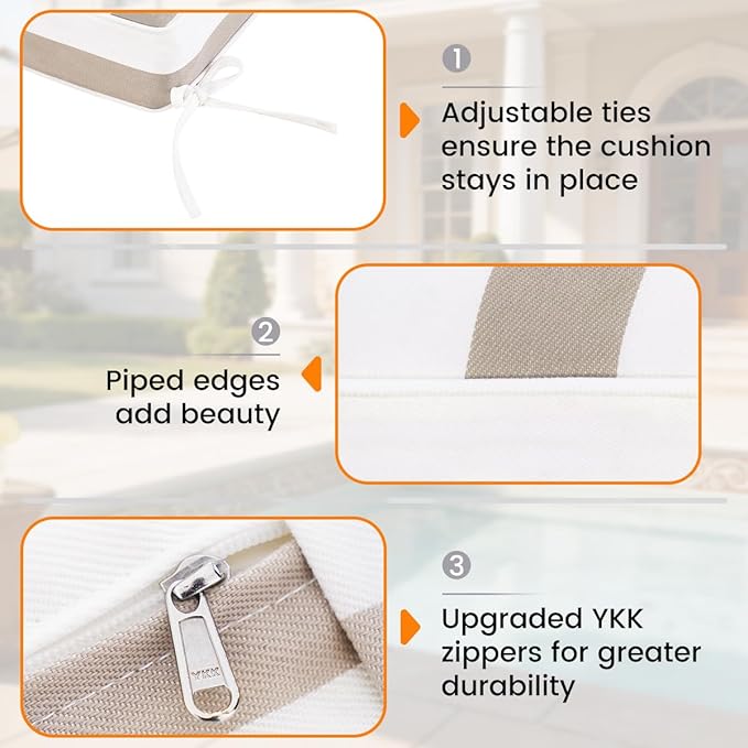 Sundale Outdoor Olefin Chaise Lounge Cushion, Water-Resistant Patio Lounge Chair Cushion, Thick Lounger Pad with 4 Straps Cabana Stripe Tan, 72 x 21 x 4 Inches
