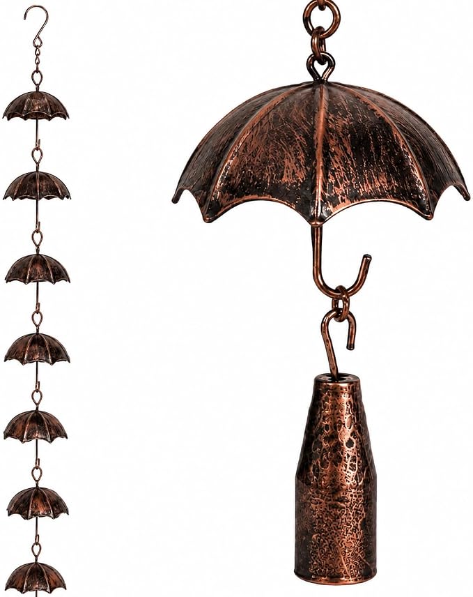 Umbrella Rain Chain, 102 Inch Metal Rain Chains for Gutters Downspouts Outside, Decorative Copper Finish Gutter Downspout Replacement, Outdoor Hanging Rainwater Chain for Porch Patio Garden Yard