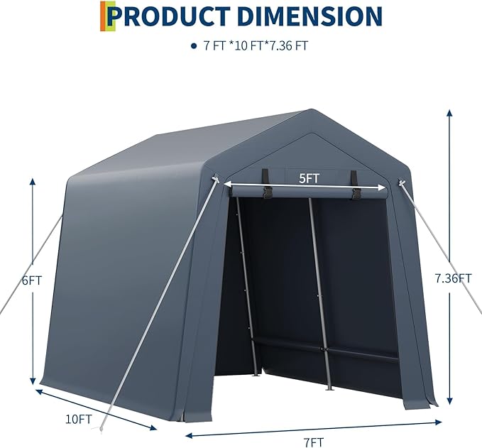 GarveeLife Portable Outdoor Storage Shed with Roll-Up Zipper Door & Vent, 240G Heavy-Duty Shelter Waterproof PE Tarp, UV-Resistant Carport for Motorcycle, Firewood, Tools (Gray, 7'x10')