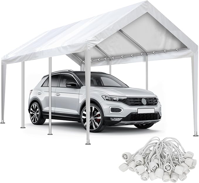 Carport Canopy 10'x20' Replacement Cover, Waterproof & UV Protected Garage Top Tarp Shelter Cover with Ball Bungee Cords, Car Cover Tent (Frame is not Included)