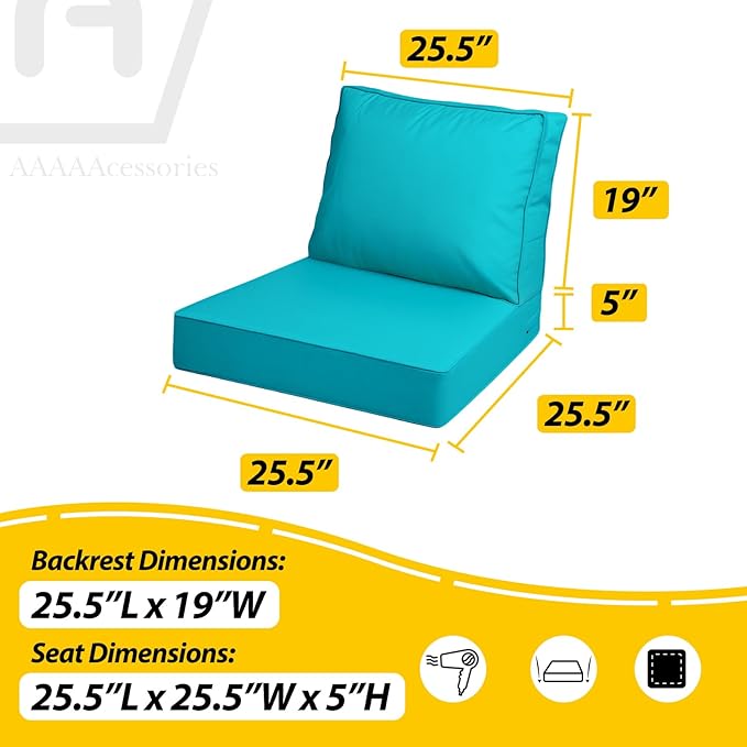 AAAAAcessories Outdoor Deep Seat Cushions with Double Welted Pillow, Waterproof, Fade-Resistant Patio Furniture Replacement Cushions, 25.5" x 25.5" x 5" + 25.5" x 19", Turquoise Blue