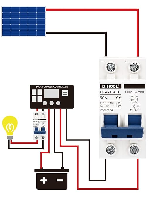 DIHOOL DC Circuit Breaker,50A 2 Pole,12V to 240 Volt Solar Disconnect Switch,DIN Rail Mount