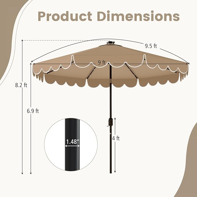 Tangkula 9 FT Solar Patio Umbrella, 2-Tiers Scalloped Outdoor Table Market Umbrella with 32 LED Lights, Vented Top, Tilt Adjustment, Crank, 8 Ribs for Backyard Poolside Deck Beach Lawn (Coffee)
