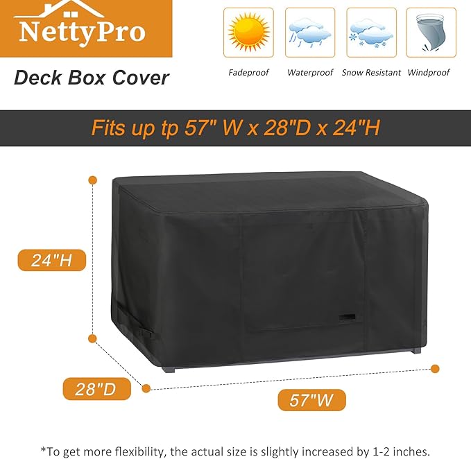 NettyPro Deck Box Cover Outdoor Waterproof Storage Bench Cover for Rectangular Deck Box, 57 x 28 x 24 inch, Black