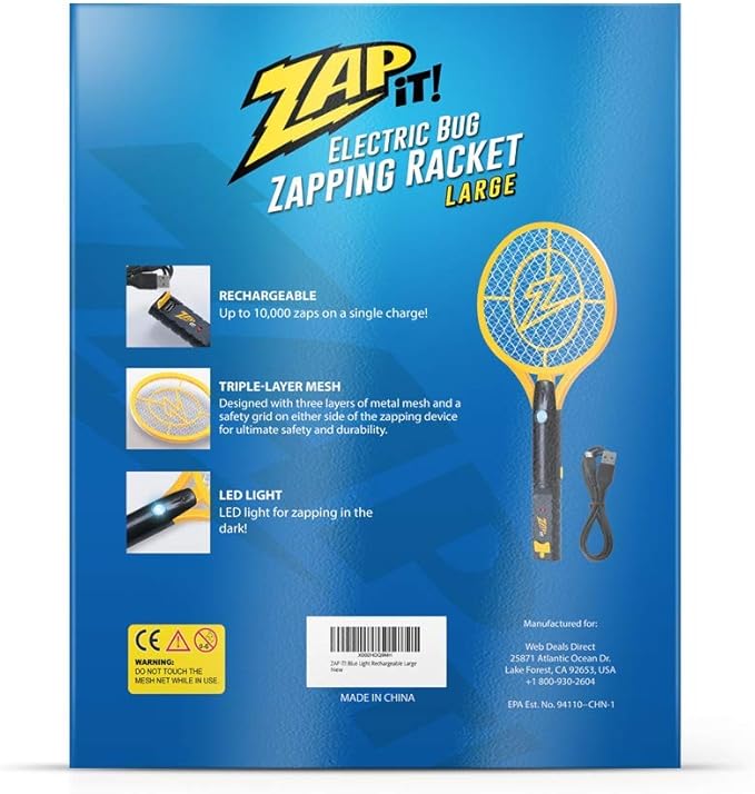 ZAP IT! Bug Zapper Rechargeable Bug Zapper Racket W/Blue Light Attractant, 4,000 Volt, USB Charging Cable