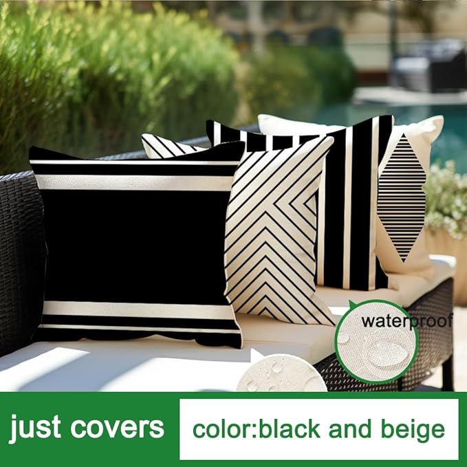 RABUSOFA Outdoor Pillows Waterproof,16x16 inch Black and White Boho Set of 4 for Patio Furniture,Sunbrella Outdoor Cushion Covers(no Insert)