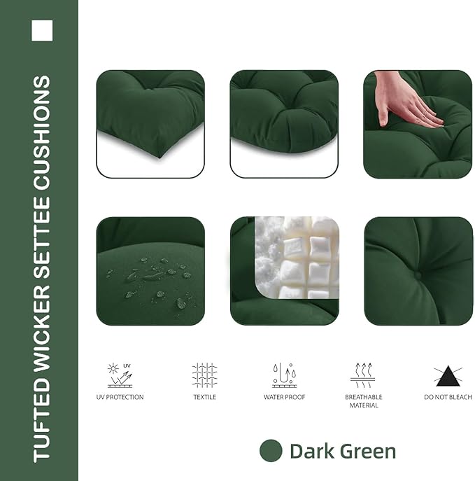 Outdoor Chair Cushions Set of 2, 19x19x4 Inch Seat Pads with Ties for Patio Wicker Chairs Garden Dining Chair, Indoor Outside Use, Fade-Resistant & Waterproof, Dark Green