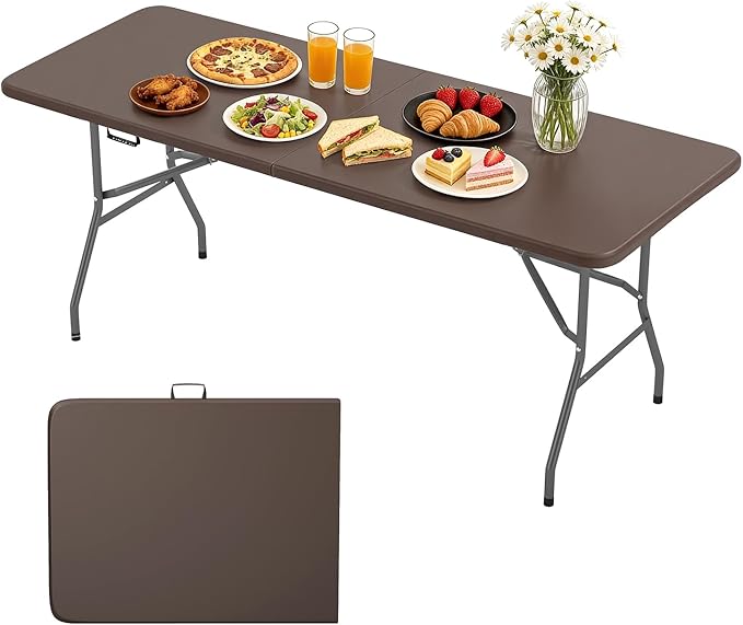 BestOffice 6 FT Picnic Table, Portable Plastic Folding Table with Carrying Handle Perfect for Picnics, Parties, Party and Camping, Brown