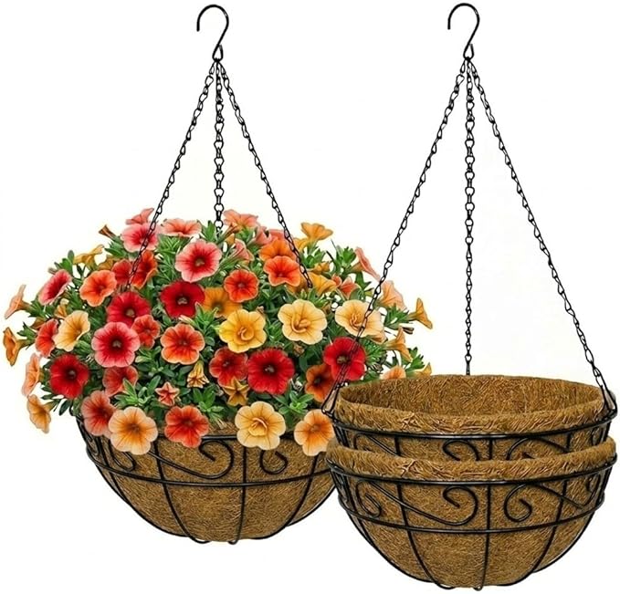 12 Inch Hanging Baskets for Plants Outdoor, 3 Pack Metal Wire Hanging Planters with Coco Coir Liners, Rust-Resistant Flower Basket with Chains & Hooks for Garden Patio Porch Deck Balcony