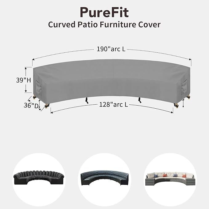 PureFit Outdoor Sectional Sofa Cover Waterproof Curved Patio Furniture Covers for Deck, Lawn and Backyard, 190Lx36Dx39Hx128FL, Grey