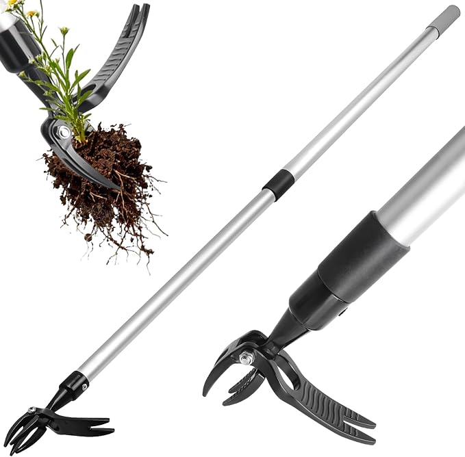 Hoffen Adjustable Stand Up Weeder (33-55 Inch), Lightweight Aluminum Weed Puller Tool, Telescoping Rotating Handle, 4-Claw Rust-Free, Corrosion-Resistant Gardening Tool for All Ages, Easy to Store