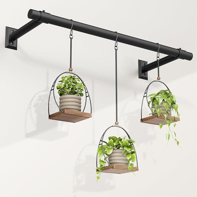 Window Plant Hanger for Indoor Plants, 48 Inch Hanging Plant Rod, 1 Inch Diameter Metal Rod, Hanging Plant Holder for Window Wall, Matte Black, Square Flange Base, Pots Not Included