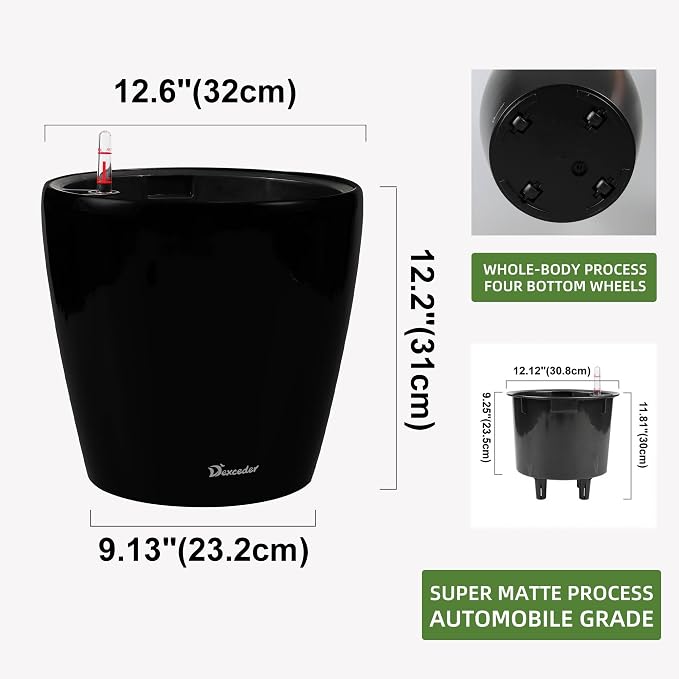 Dexceder 13x12 Self Watering Planter with Wheels (Black Matte) | Inner Pot Design, Thickened Large Floor Standing Flower Plant Pot with Water Level Indicator Indoor Outdoor