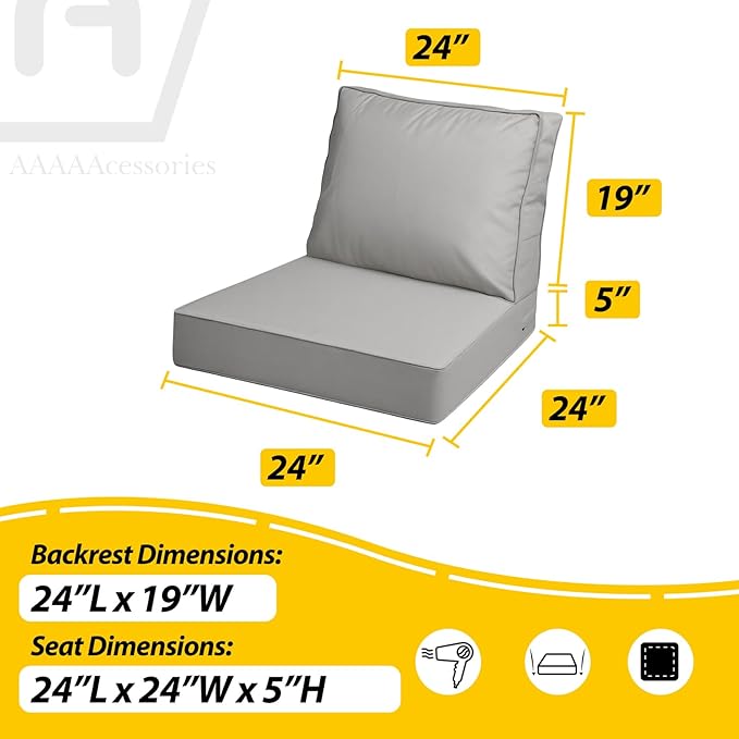 AAAAAcessories Outdoor Deep Seat Cushions with Double Welted Pillow, Waterproof, Fade-Resistant Patio Furniture Replacement Cushions, 24" x 24" x 5" + 24" x 19", Gray