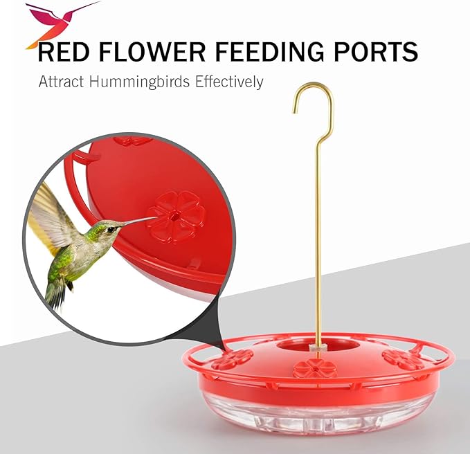eWonLife 2 Pack Hummingbird Feeders for Outdoors, 16oz Leak-Proof Saucer Humming Bird Feeder with Integrated Ant Moat, Bee Proof Feeding Ports, Brush, Easy Clean & Refill, Hanging Garden Decor for Mom