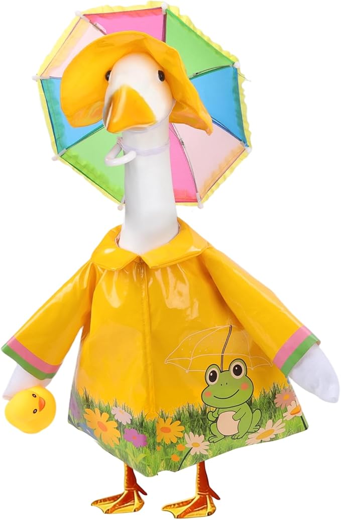 GJL Porch Goose Raincoat Outfit Fits 23 Inch Plastic Cement Goose Statue, Lawn Goose Clothes Set with Umbrella and Hat for Spring Summer Outdoor Yard Garden Decor