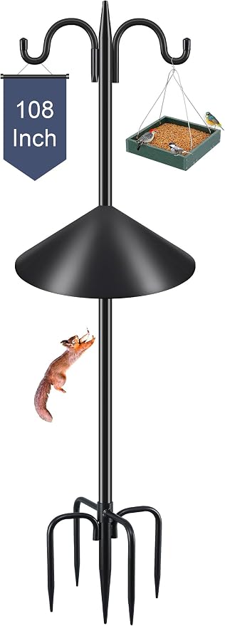 Gtongoko Squirrel Proof Bird Feeder Pole, 108 Inch Double Shepherds Hook with 19 Inch Squirrel Baffle, Heavy Duty Adjustable Outdoor Bird Feeder Stand with 5-Prong Base for Garden, Plants, Black