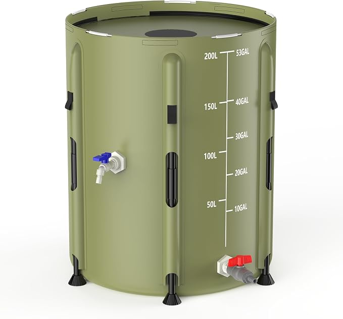 SKM Collapsible Rain Barrel, 53 Gallon Portable Rain Water Collection System to Collect Rainwater from Gutter, Foldable Water Storage Tank with Spigot for Garden, Lawn & Outdoor Plant Watering, Green