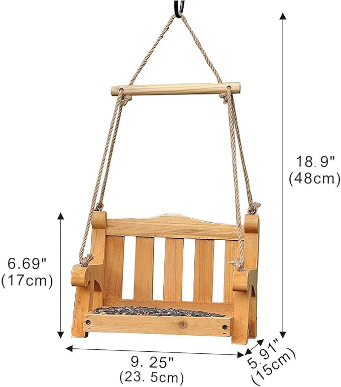 CEDAR ALPHA 2pk Cedar Swing Birdfeeder,Traditional Regency Seat Style, Solid Wood Hand Curve Cutting, Rustic Proof Metal Mesh Tray, Bird Feeder for Outside, BJD Dolls Swing