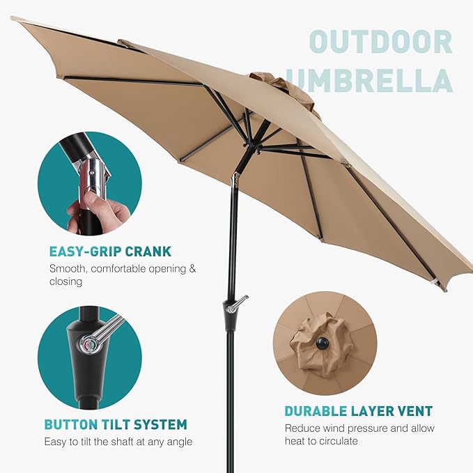 OLIXIS 9FT Patio Table Umbrella with Tilt and Crank Button & 8 Sturdy Ribs Waterproof, 9 Feet Outdoor Patio Umbrella Sun Shade for Poolside, Terrace, Beach and Restaurant, Khaki