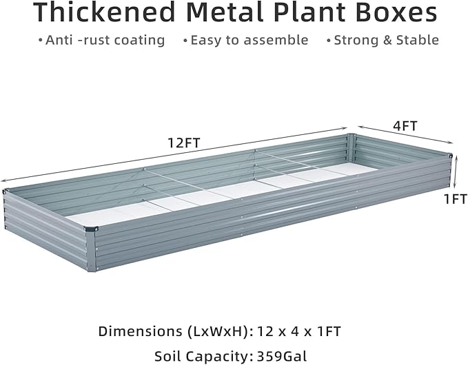 Meberam 2 Pack 12x4x1FT Galvanized Raised Garden Bed Kit, Outdoor Metal Planter Box for Vegetables, Bottomless Rectangular Gardening Bed with Support Rods, Tool-Free Assembly, Gray