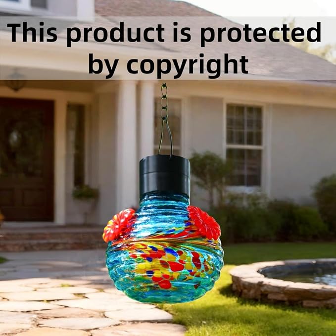 VOREEN Hand Blown Glass Solar Hummingbird Feeder for Outdoor Garden, Waterproof 17oz Hanging Feeder with Colorful Tail Pattern & LED Light, Daytime Bird Feeder & Night Decorative Lantern