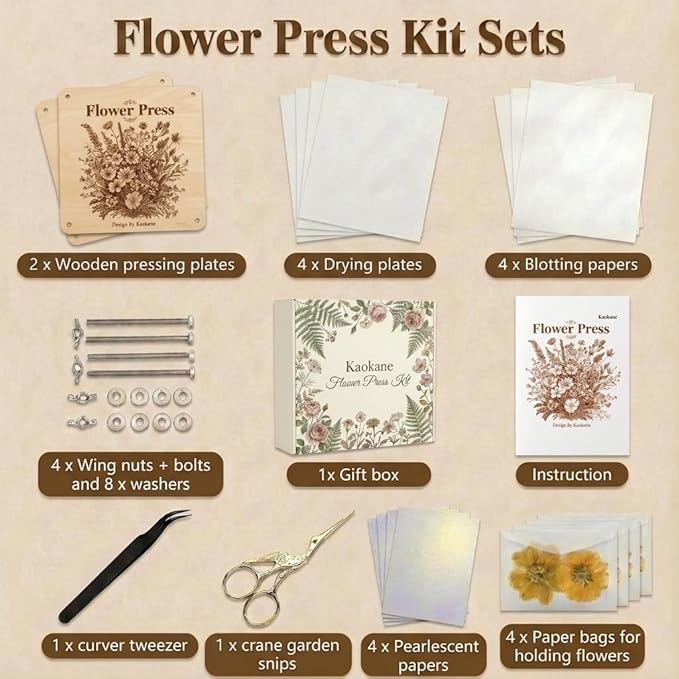 Kaokane Flower Press Kit, 9x9 Large Wooden Flower Presser with 4 Reusable Drying Plates & 4 Blotting Papers, Handcrafted Botanical Pressing Kit for Wedding Flowers, DIY Art Crafts Mothers Day Gifts