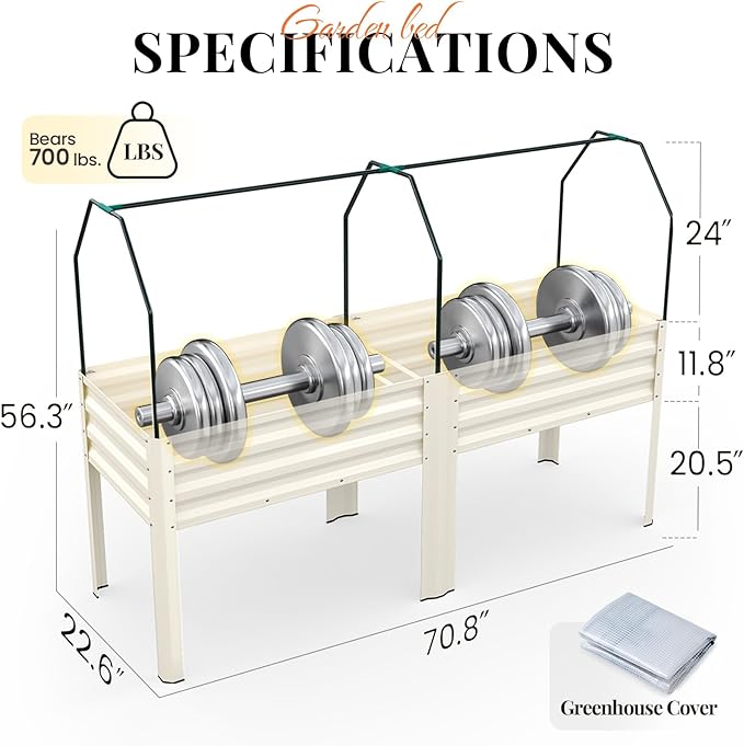 KING BIRD Large Raised Garden Bed with Cover Galvanized Elevated Planter Box with Legs 72×23×55 in for Backyard, Patio, Balcony, 700lb Capacity, Beige