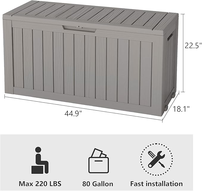 LHBGO 80 Gallon Deck Box Large Outdoor Storage Boxfor Patio Furniture,Outdoor Cushions, Garden Tools, Sports Equipment and Pool Supplies, Waterproof, Resin, Lockable