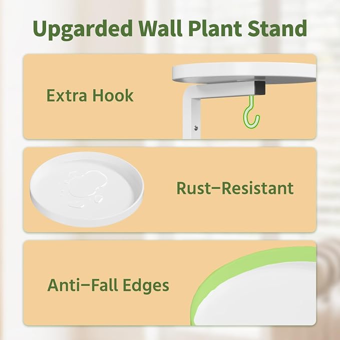 LASZOLA Plant Hangers Holder Wall Mounted Indoor, Metal Window Plant Shelves, 2Pcs Modern Floating Flower Display Stand with 2 Hooks for Outdoor Kitchen Bathroom Decor, White