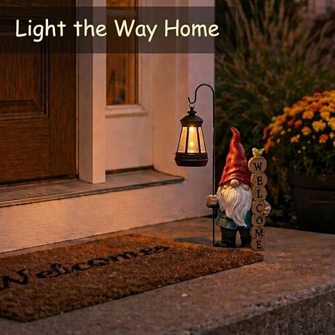 PETAFLOP Solar Garden Gnome Statue Decor with Welcome Sign, Funny Gnomes Figurine for Yard Patio Balcony Outdoor Decorations, Mother's Day Birthday Housewarming Gifts for Mom Grandma