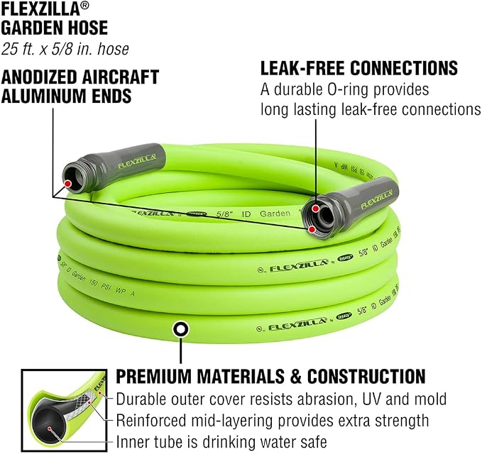 Mini Oscillator on Step Spike & Flexzilla Garden Hose 5/8 in. x 25 ft, Heavy Duty, Lightweight, Drinking Water Safe, ZillaGreen - HFZG525YW-E