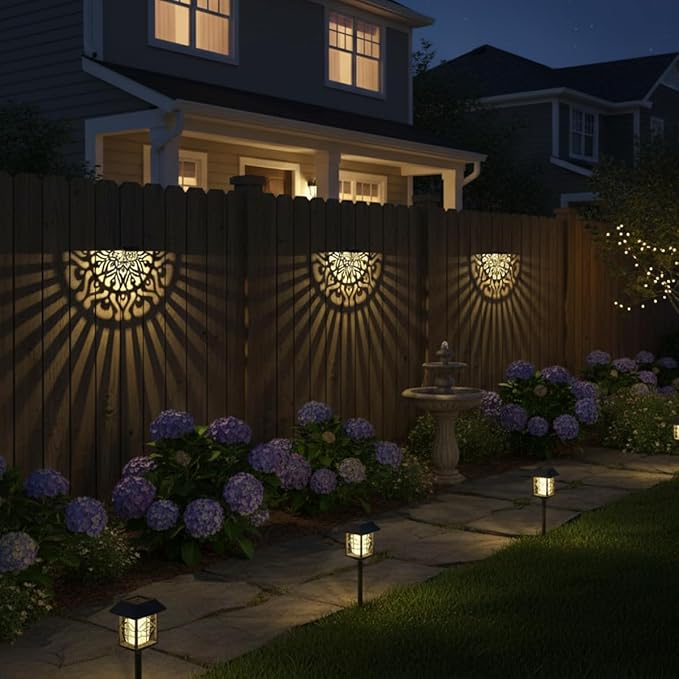 6 Pack Solar Fence Lights Outdoor Wall Lights Plastic Solar Powered Deck Step Stair Lights Mandala Theme Waterproof Fence Solar Light for Garden Post Patio Yard Decor, Gardening Gifts for Women Mom