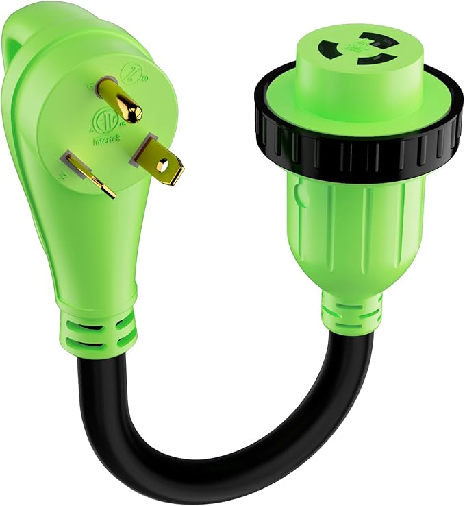 RV Adapter Plug 30 Amp to 30 Amp Cord with Locking Connector, NEMA TT-30P Male to L5-30R Female, STW, 10AWG, Heavy Duty Electrical Power Cord, 125 Volts 3750 Watts, 1FT, Green
