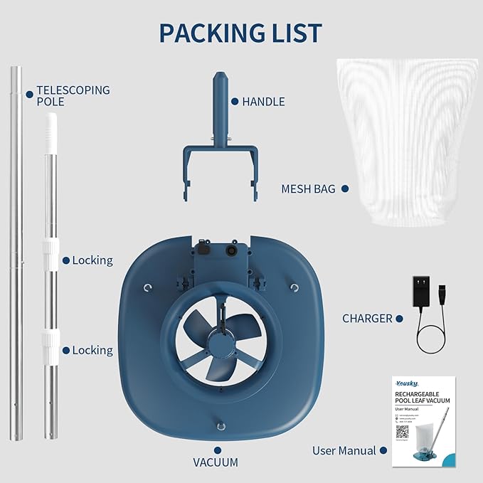 Rechargeable Pool Leaf Vacuum with Telescopic Pole, 83GPM Powerful Suction– Cordless Pool Skimmer for Inground & Above Ground Pools with 6.6Gal Leaf Catcher Bag for Heavy Debris Areas