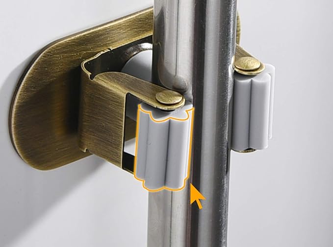 Mop Broom Holder Wall Mount Garden Tool Organizer, Brass Heavy Duty Tool Hanger with 3 Racks 4 Hooks for Kitchen Bathroom Closet Garage Office Laundry