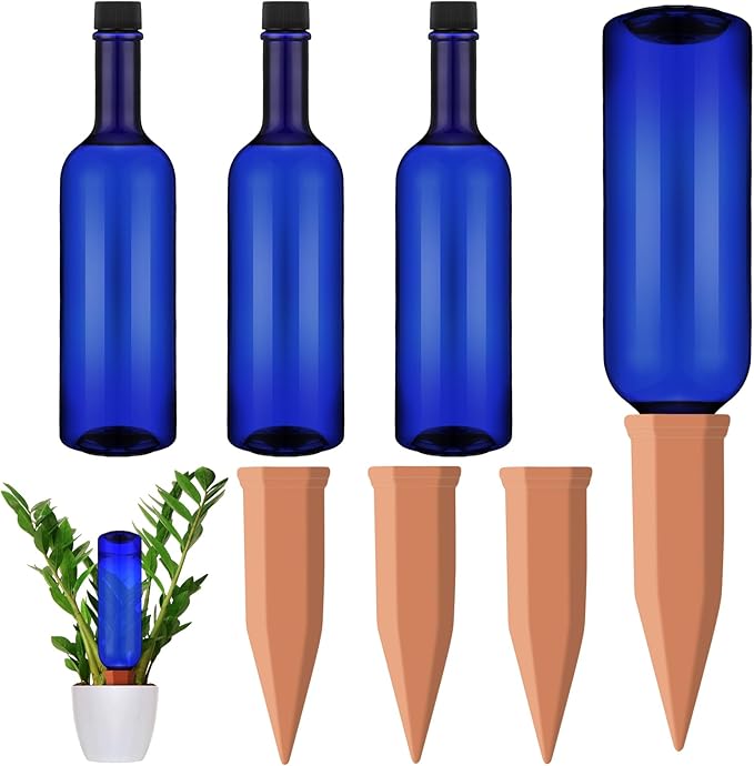 SiliFine 3 Sets Plant Watering Devices Include Terracotta Self Watering Spikes and 26 oz Plastic Bottles, Slow Release Vacation Insert Automatic Plant Waterer Device (Blue and Terracotta)