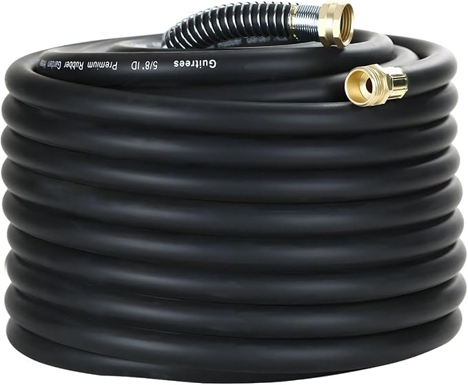 Guitrees 100FT 5/8 Heavy Duty Rubber Garden Hose - 300psi Working, 1000psi Burst - Hot/Cold Water - Five-Layered Braiding for Durability - Versatile for Gardening, Agriculture, Construction(Black)