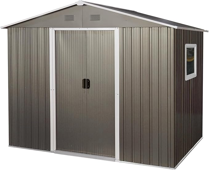 8FT x 6FT Outdoor Metal Storage Shed, Galvanized Steel Garden Shed with Lockable Sliding Door, Ventilated Tool Storage House with Foundation Kit, UV Resistant Backyard Shed forPatio Storage, Grey