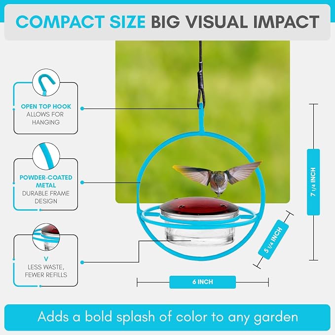 Hummingbird Feeder for Outdoors Hanging, 3.4 OZ Hummingbird Feeders, Glass Bowl with 4 Feeding Ports, Leak Proof Lid & Circular Perch, Bird Feeder (3, Aqua Blue)