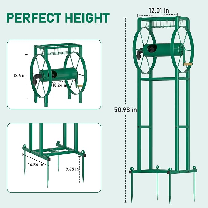 Garden Hose Reel Stand with Storage Rack - 125ft 5/8" Water Hose Organizer Holder, 4 Ground Spikes & Hooks, Universal Water Hose Adapter, Detachable Metal Frame, Green