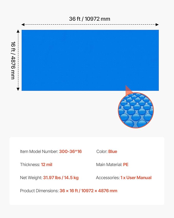 VEVOR Solar Pool Cover, 36 x 16 ft Rectangle Pool Bubble Cover, 12 Mil Pools Solar Blanket with Bubble & PE Material, Daytime Heat Absorption, Nighttime Heat Retention, Heat Retaining Solars Covers