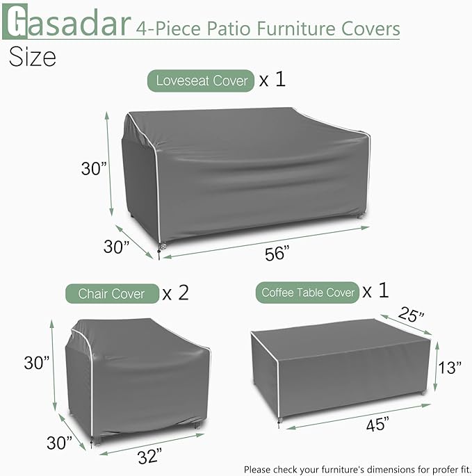 Gasadar Patio Furniture Covers, 4-Piece Outdoor Furniture Cover Waterproof for Patio Loveseat, Chair and Coffee Table, Grey