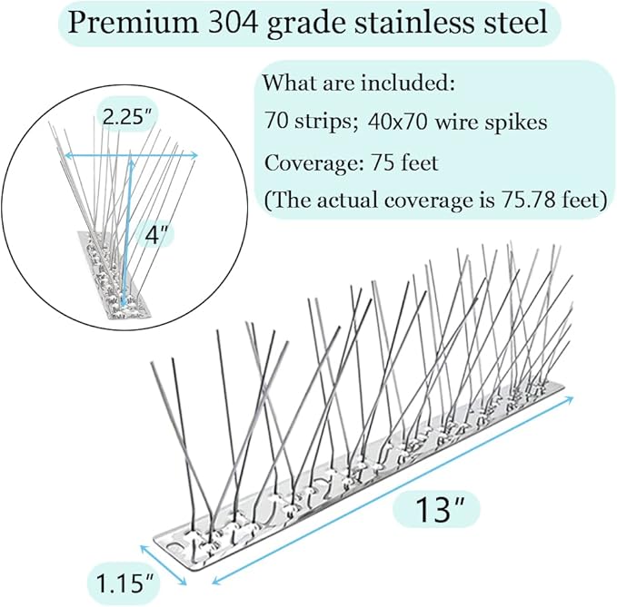 PANGCH Bird Spikes,Stainless Steel Bird Spikes Metal Bird Spikes Fence Spikes Easy to Install - 70 Strips 75.78 Feet Coverage