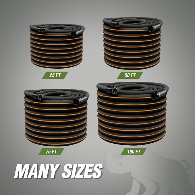 RUGGED RHINO Heavy Duty Garden Hose 25ft x 5/8in, Anti-Kink and Leakproof, Durable 4-Layer Construction, 500 PSI Burst, All Weather Outdoor Watering for Lawn, Garden, Flowers, Black and Orange